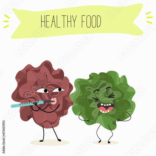 Character cartoon Salad of green and red trocadero lettuce, lactuca sativa vector illustration, funny greens, cheerful vegetables.