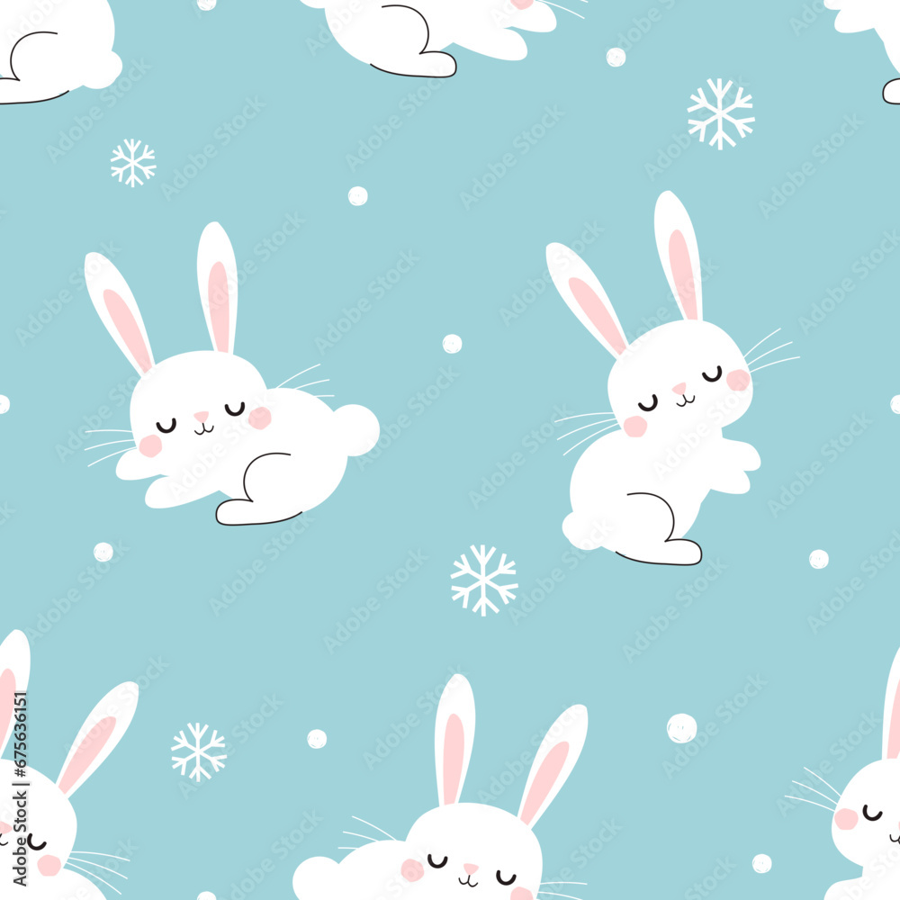 Seamless pattern with bunny rabbit cartoon and snowflake on winter green mint background vector illustration. Seamless pattern with bunny rabbit cartoon and snowflake on winter green mint background vector illustration.