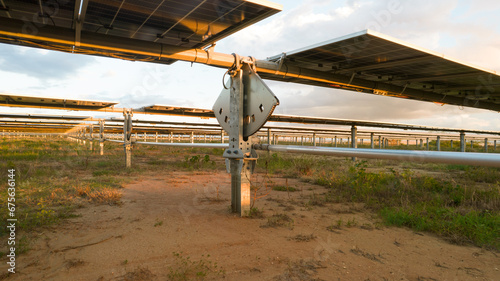 Single axis tracker of a solar farm in sunst