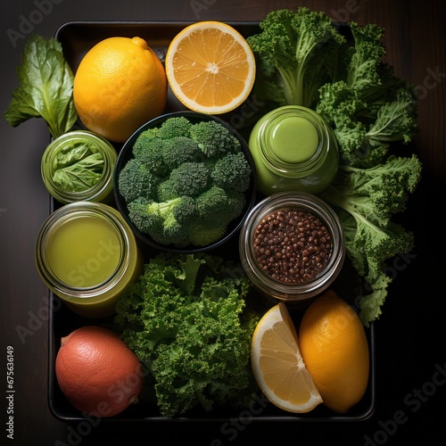 an overhead view of fresh vegetable juice with lime and lemon photo