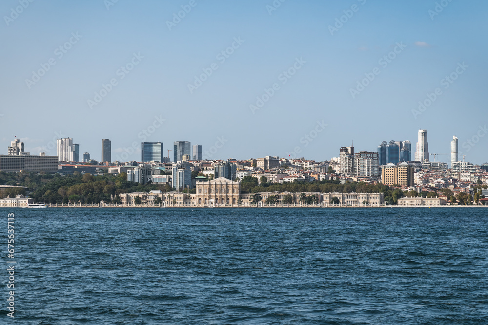  European shore of Istanbul. View of the modern city, the Bosphorus Strait and Dolmabahce Palace.