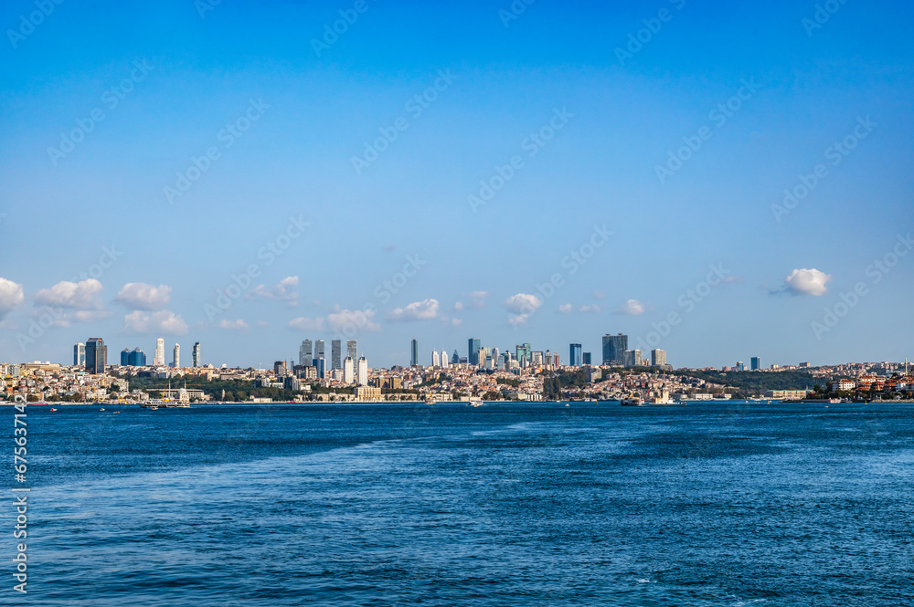  European shore of Istanbul. View of the modern city and the Bosphorus Strait. Skyscrapers of Istanbul.