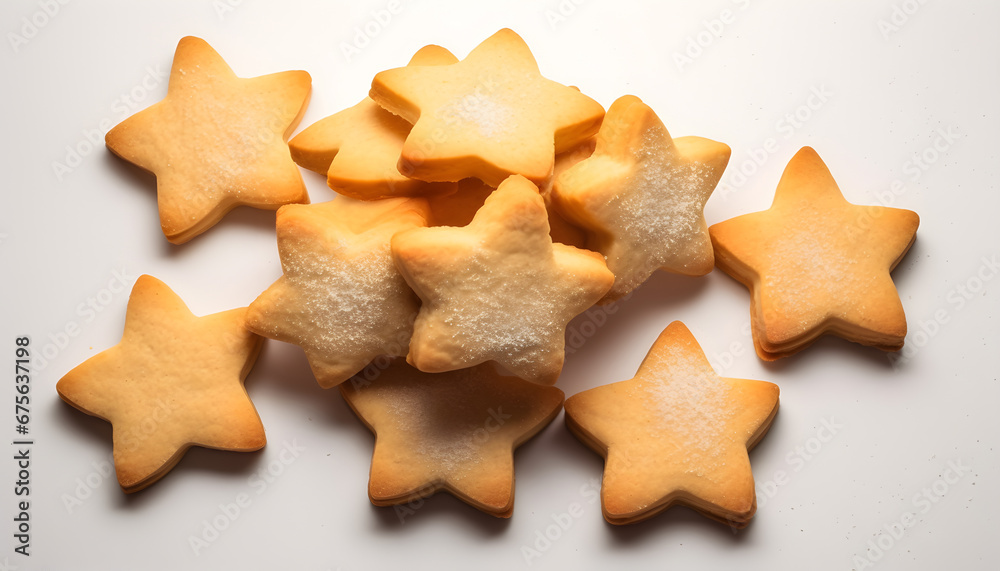 Top down view of baked star shaped Majorcan crespells cookies pile on white surface. Traditional Easter and Holy Week cooked sweet pastries stack from gastronomy of Mallorca, Balearic Islands, Spain. Top down view of baked star shaped Majorcan crespells cookies pile on white surface. Traditional Easter and Holy Week cooked sweet pastries stack from gastronomy of Mallorca, Balearic Islands, Spain.