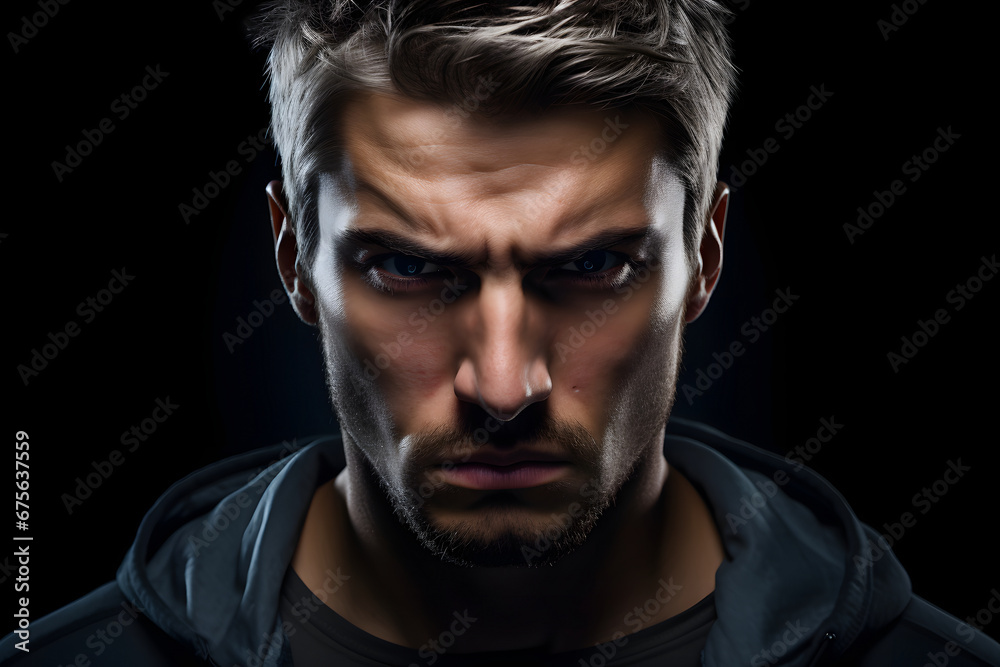 Sulking young adult Caucasian man, head and shoulders portrait on black background. Neural network generated image. Not based on any actual person or scene.