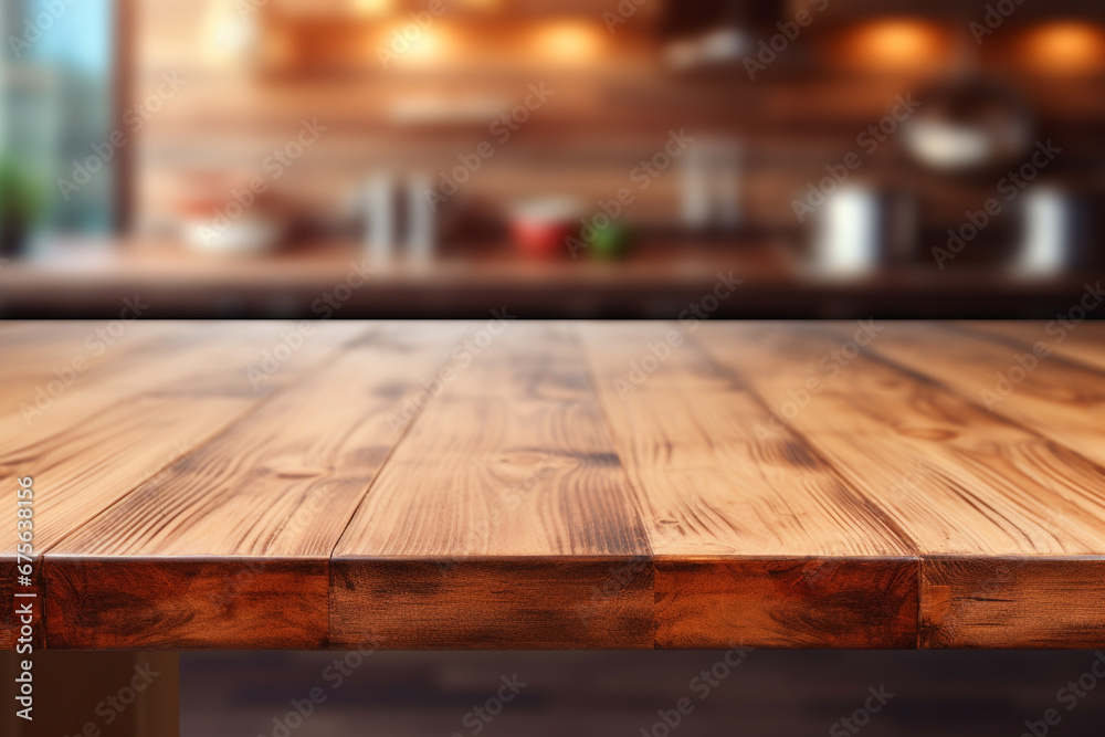 Top of surface wooden table with blurred modern kitchen background. Top of surface wooden table with blurred modern kitchen background.