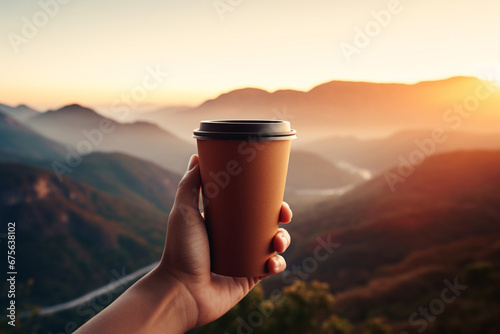 Human hand holding a takeaway coffee cup with mountain background. photo