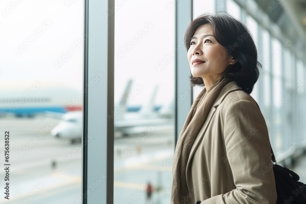 Middle aged Asian woman waiting for the boarding announcement for her flight.