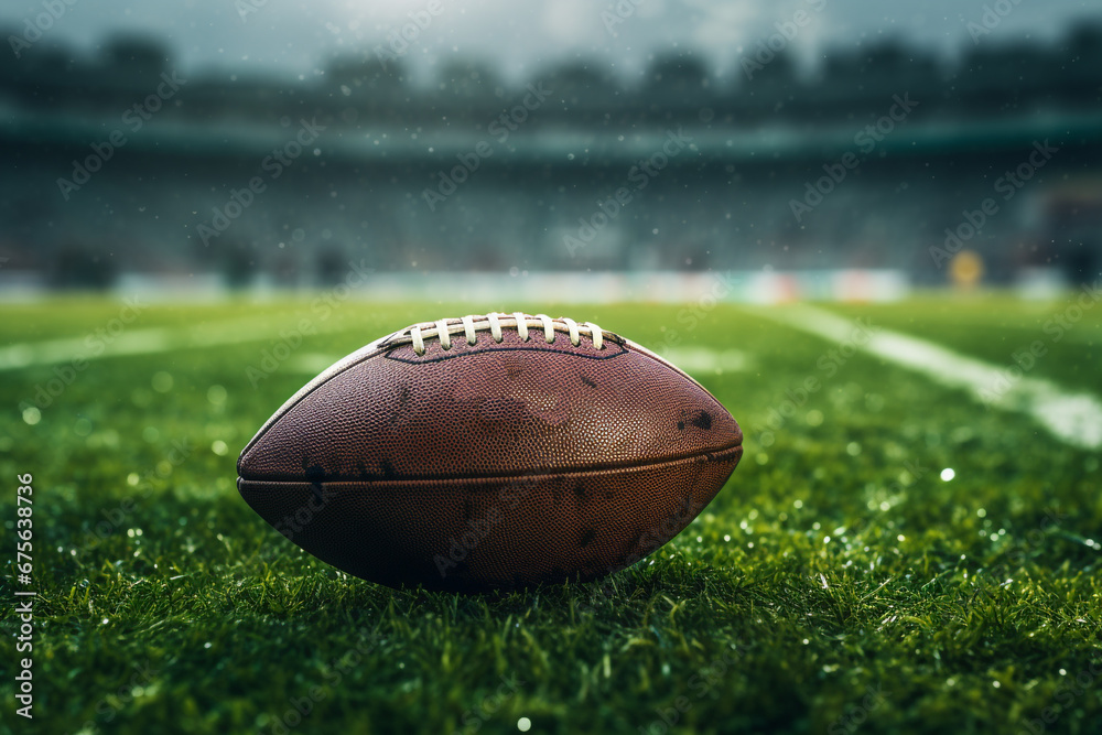 Closeup shot of american footbal on green field Closeup shot of american footbal on green field
