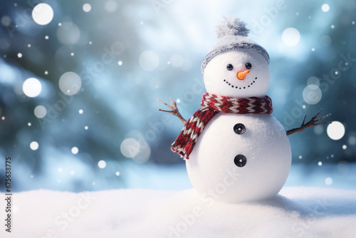 Snowman in winter with blurred background