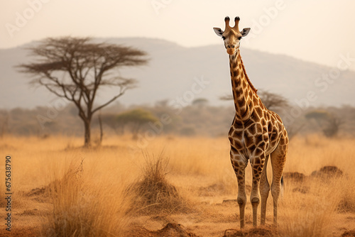 Giraf wildlife animal in africa with savanna background photo