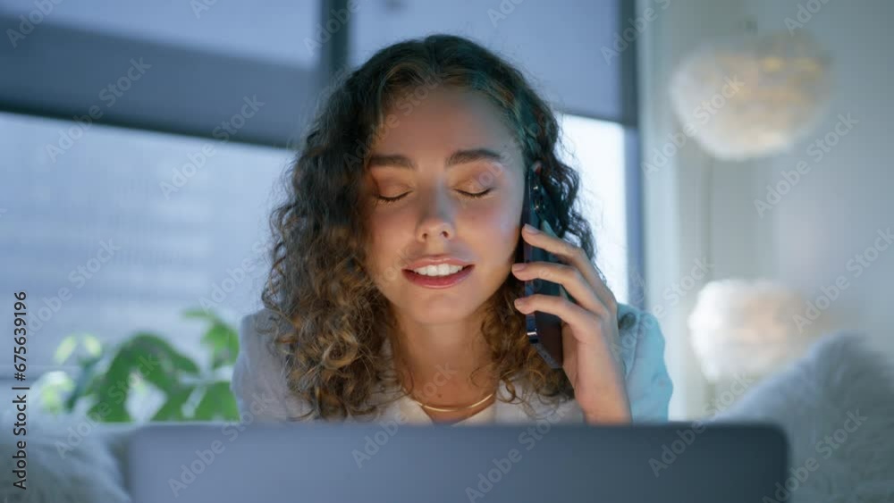Cinematic shot cheerful businesswoman having positive phone call at workplace slow motion 4K. Portrait of happy business girl calling phone indoor. Closeup smiling woman talking mobile phone in office Cinematic shot cheerful businesswoman having positive phone call at workplace slow motion 4K. Portrait of happy business girl calling phone indoor. Closeup smiling woman talking mobile phone in office