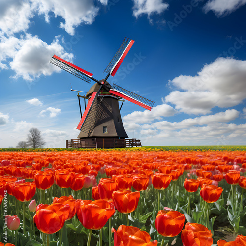 Windmill in a Tulip field. Generative ai. 