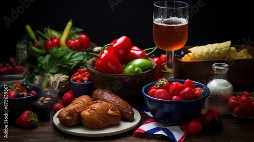 Chilean independence day table with traditional festive food for fiestas patrias. Dish and drink on 18 September party.