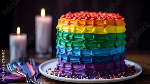 an lgbtq+ flag-themed birthday cake with rainbow toppings