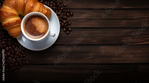 Coffee cup with croissant for breakfast on a dark wooden table, top view
