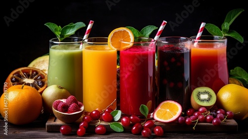 Composition with glasses of assorted fruit juices. Detox diet