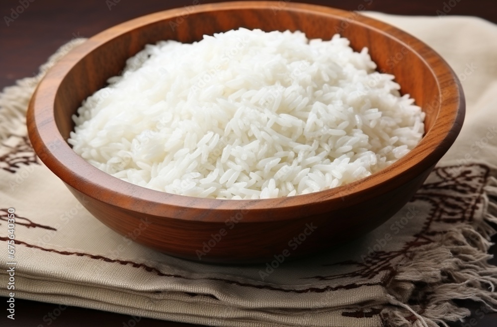 White Rice In A Wooden Bowl White Rice In A Wooden Bowl