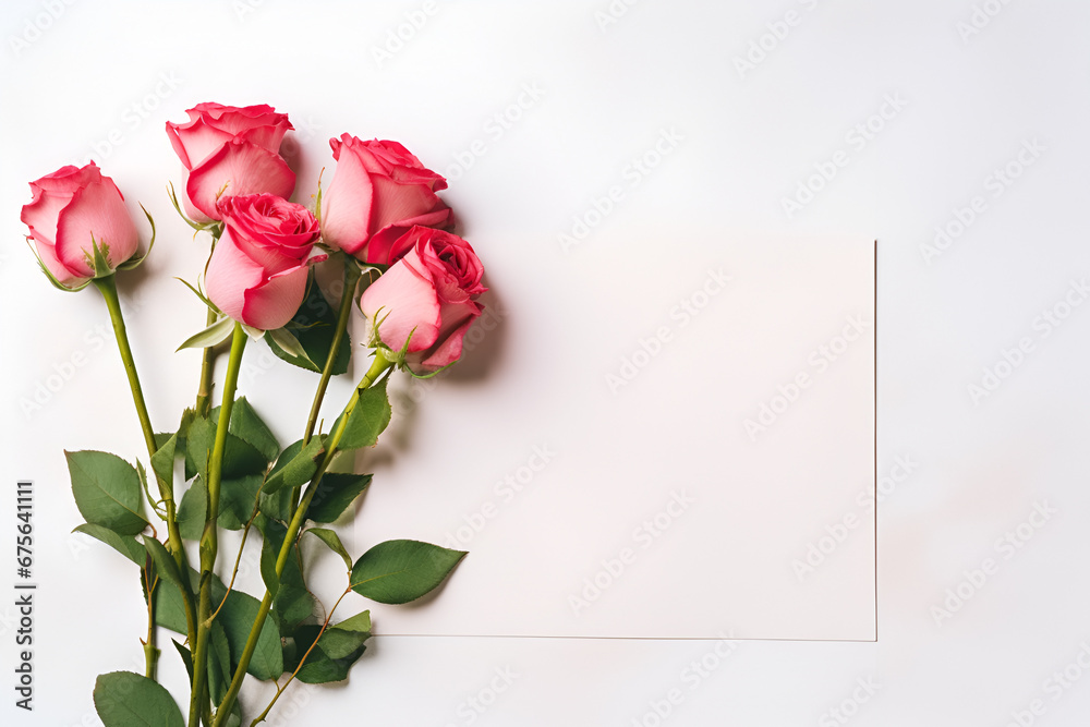Fototapeta premium Paper card center of image, pink rose and red rose bunch on the left, all of them on white background, clean lighting, top view, valentine's day concept.