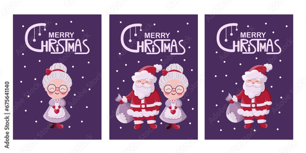 Merry Christmas and Happy New Year. Vector illustrations of Santa Claus and mrs Claus, handwritten lettering for postcard, card or invitation Merry Christmas and Happy New Year. Vector illustrations of Santa Claus and mrs Claus, handwritten lettering for postcard, card or invitation