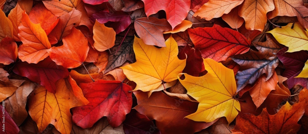 The vibrant colors of autumn leaves create a beautiful background that adds texture and depth to the design highlighting the beauty of nature s trees and their vibrant green and orange leave