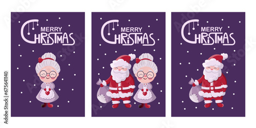 Merry Christmas and Happy New Year. Vector illustrations of Santa Claus and mrs Claus, handwritten lettering for postcard, card or invitation