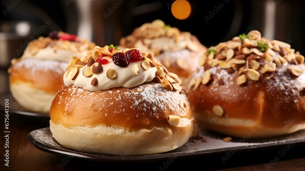 Homemade italian sweet Maritozzi buns, breakfast dessert brioche stuffed with whipped cream, with various topping, nuts, fruit
