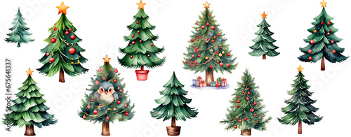Set of 10 watercolor christmas trees illustrations. holiday festive illustrations, A Generative AI Digital Illustration.