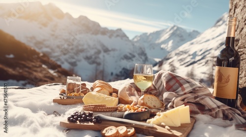 Traditional Italian food and drink outdoor in sunny winter day. Romantic alpine picnic in Dolomites with mountains background, Lambrusco cheese baguette and ham on the snow. photo