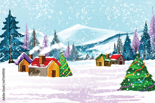 Winter landscape with snow-covered houses and christmas tree background © Harryarts