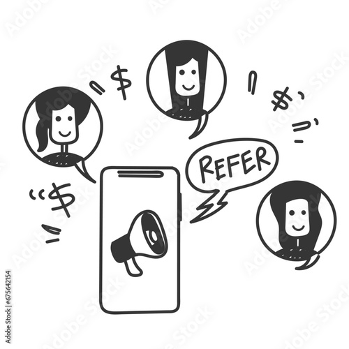 hand drawn doodle refer a friend and earn on mobile illustration