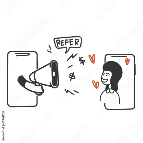 hand drawn doodle refer a friend and earn on mobile illustration