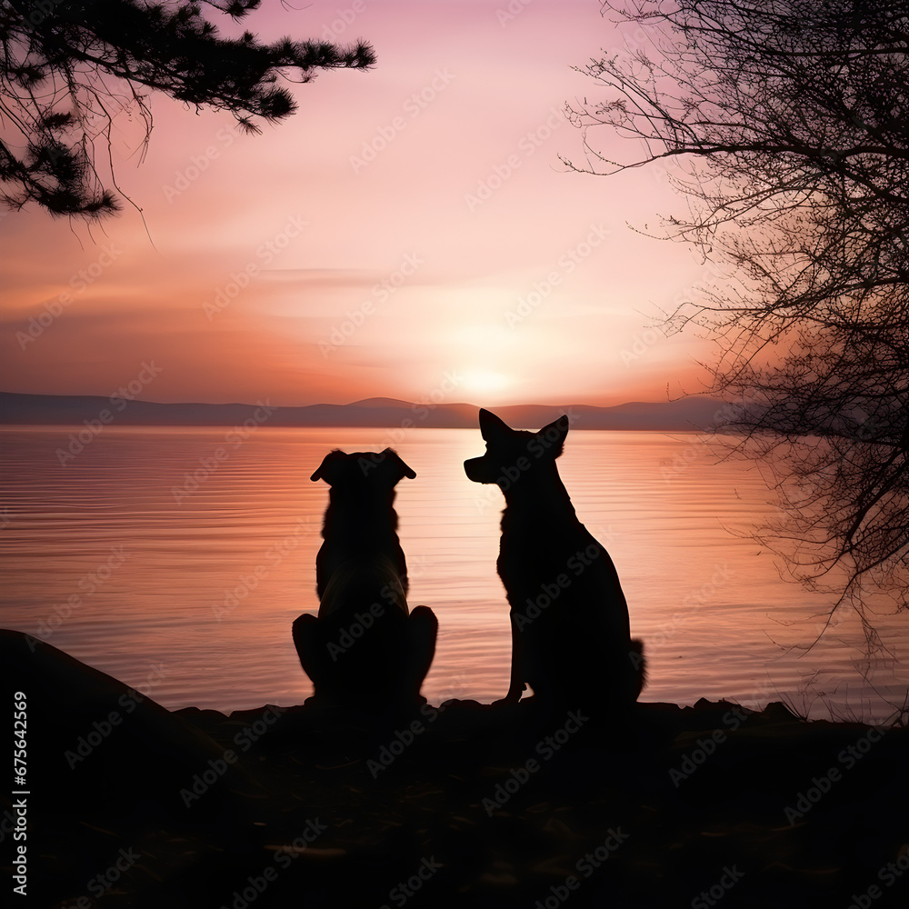 A two dog silhouette with the sunset in the distance. Generative ai