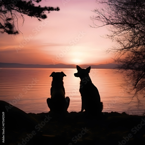 A two dog silhouette with the sunset in the distance. Generative ai © PixelHD