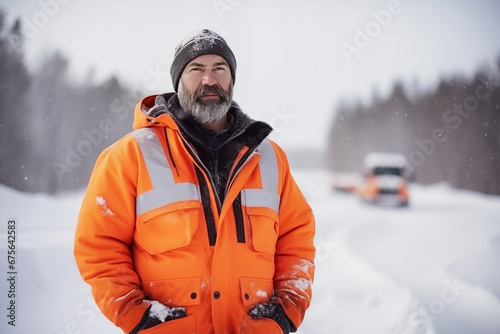 Arbeiter oder Bauarbeiter mit orangefarbener Arbeitsjacke steht auf verschneiter Straße, Schneeräumung, draußen arbeiten im Winter, selektiver Fokus