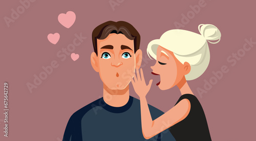 Woman Making Indecent Proposals Whispering to her Man Vector Cartoon. Girlfriend flirting with her boyfriend on a date trying to seduce him 