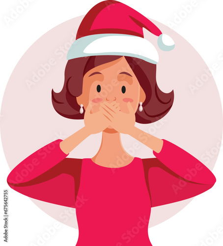 Surprised Christmas Woman Covering her Mouth Vector Cartoon Illustration. Cheerful Santa girl reacting with shock and astonishment 
