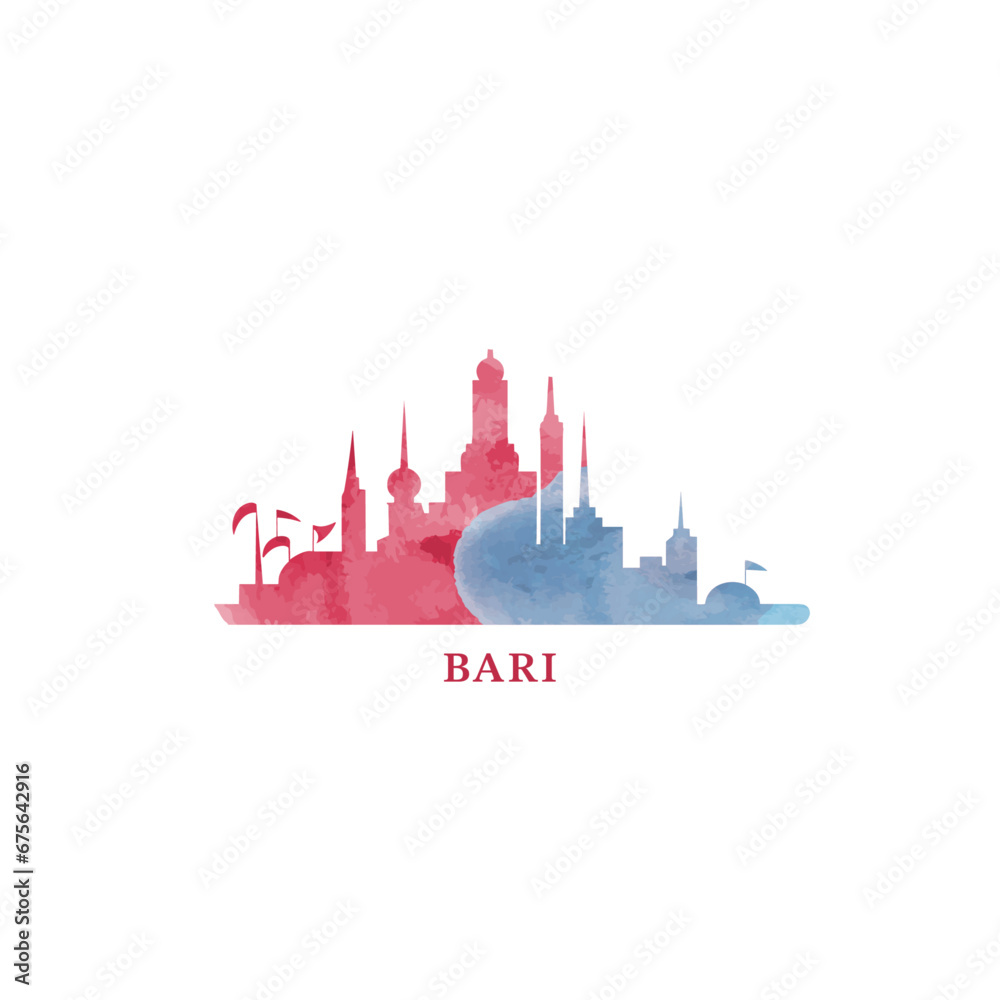 Fototapeta premium Bari watercolor cityscape skyline city panorama vector flat modern logo, icon. Italy town emblem concept with landmarks and building silhouettes. Isolated graphic