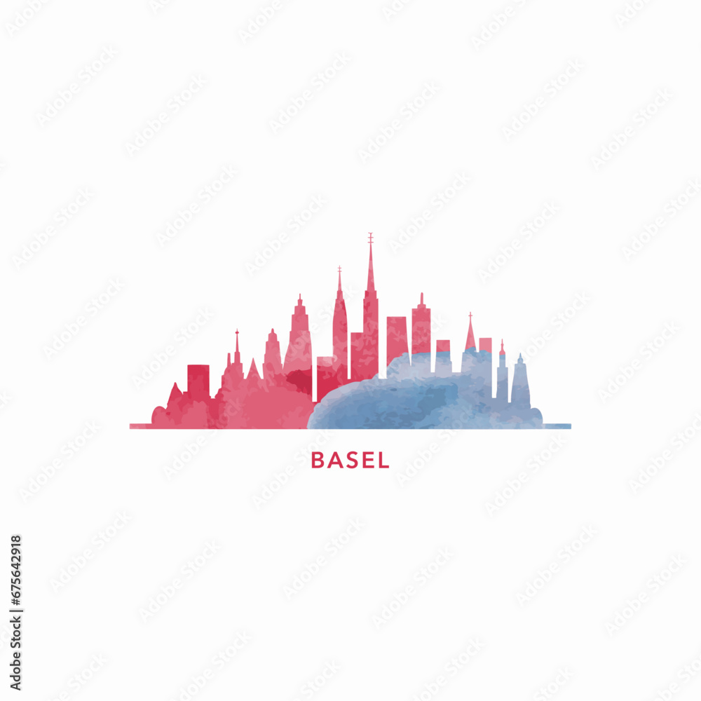 Basel watercolor cityscape skyline city panorama vector flat modern logo, icon. Switzerland town emblem concept with landmarks and building silhouettes. Isolated graphic