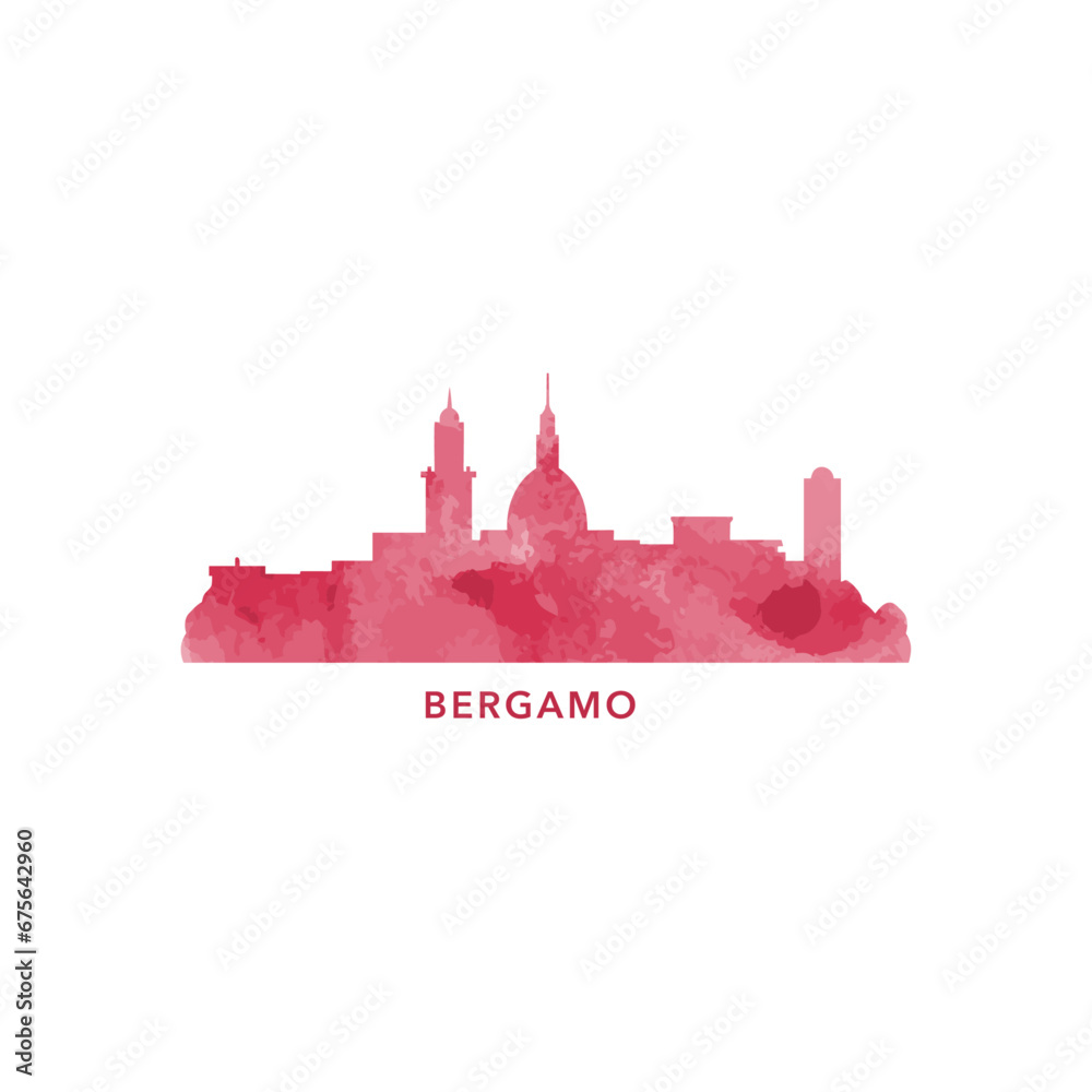 Bergamo watercolor cityscape skyline city panorama vector flat modern logo, icon. Italy town emblem concept with landmarks and building silhouettes. Isolated red graphic