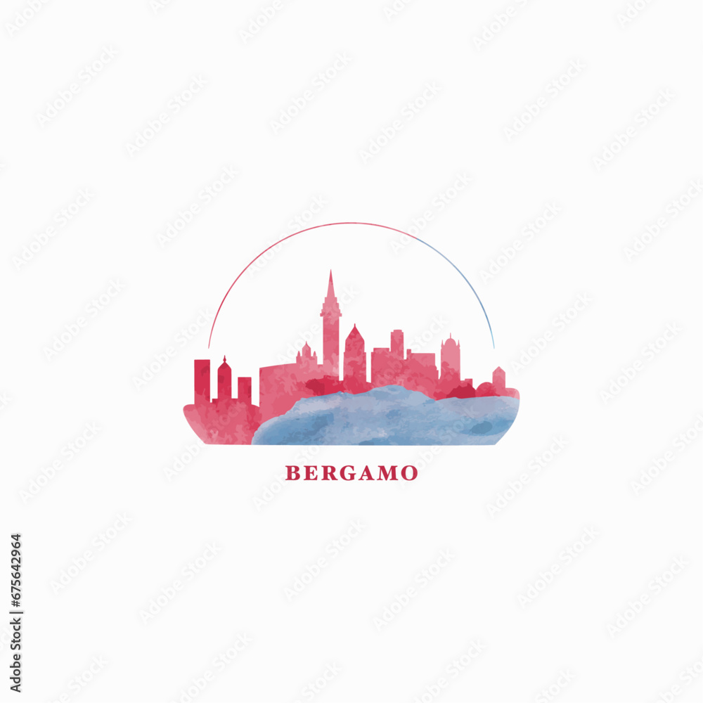 Bergamo watercolor cityscape skyline city panorama vector flat modern logo, icon. Italy town emblem concept with landmarks and building silhouettes. Isolated graphic