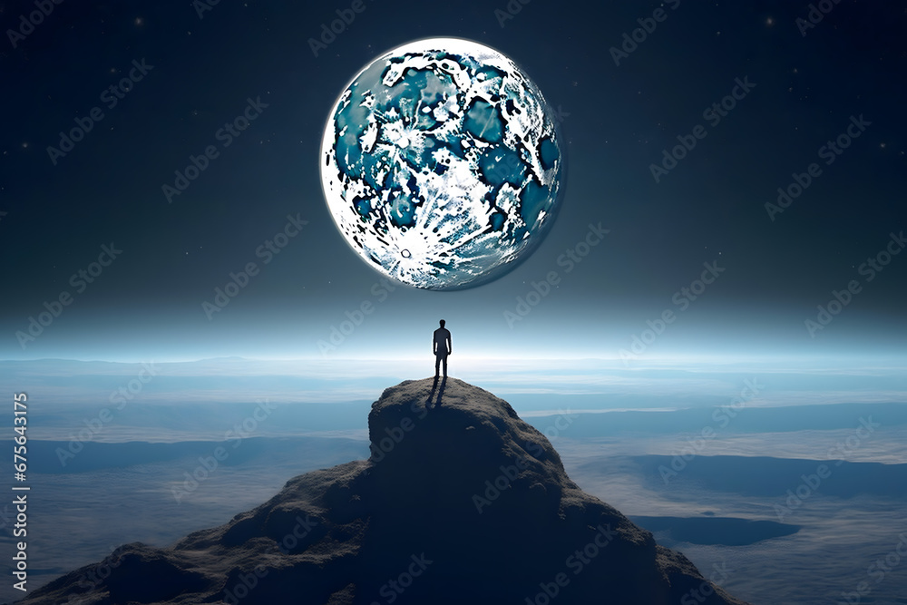 A man standing on the moon, moon over the mountains, silhouette of a person on the moon - obrazy, fototapety, plakaty 