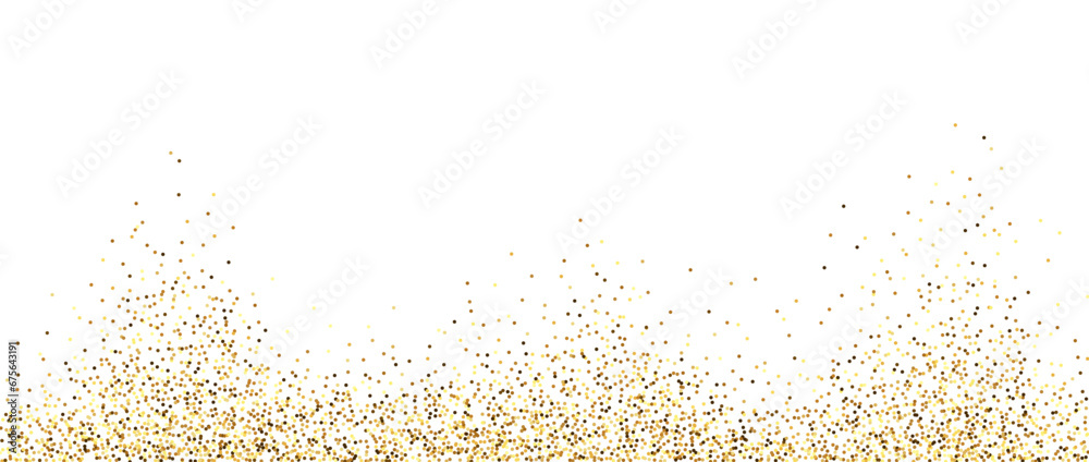 Golden glitter background. Sparkling small confetti wallpaper. Splashed gold dots texture. Border frame design. Christmas, New year, birthday decoration for posters, banner, flyer, invitation. Vector