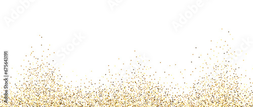 Golden glitter background. Sparkling small confetti wallpaper. Splashed gold dots texture. Border frame design. Christmas, New year, birthday decoration for posters, banner, flyer, invitation. Vector