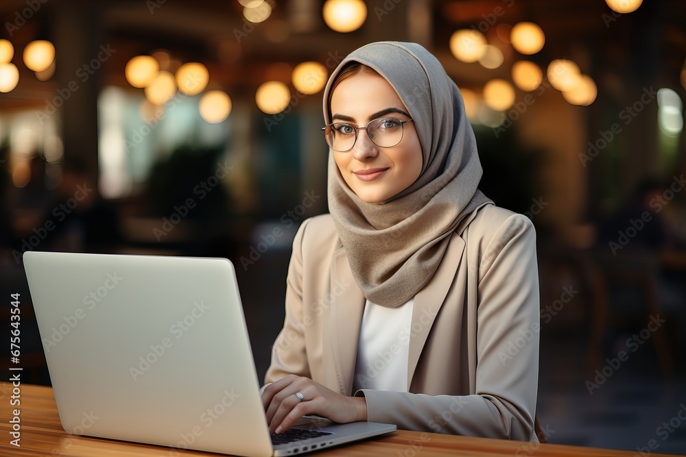 Woman in hijab working remotely in modern cafe