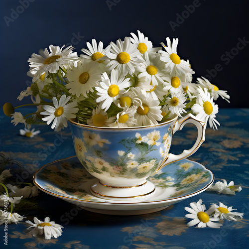 Tea cup full of Chamomile flowers. Generative ai. 