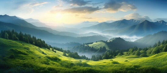In the summer while traveling the captivating landscape with its lush green trees grass and forests against a backdrop of majestic mountains and a clear blue sky creates a stunning backgrou