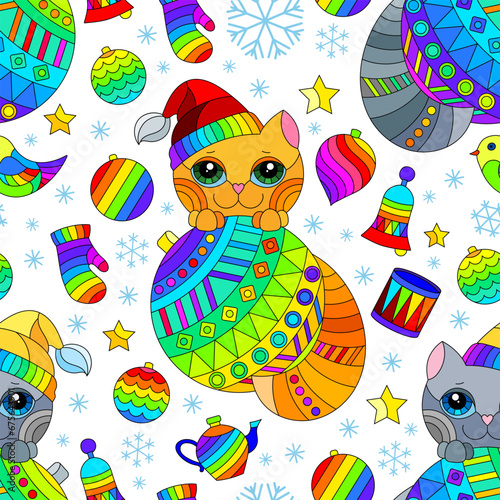 Seamless pattern on the theme of New Year and Christmas with cute kittens, snowflakes and toys on a white background