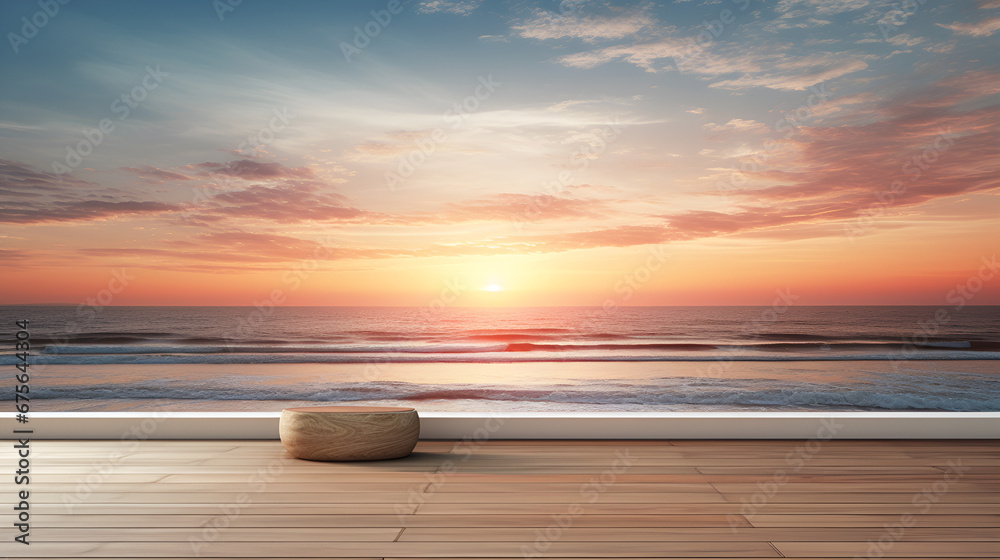 An Artistic Journey into the Tranquil Beauty of a Sunset Overlooking the Ocean and Beach background generative ai
