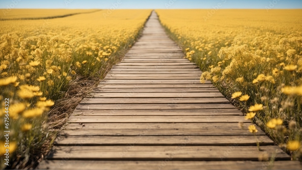 Wooden path in the yellow flower field