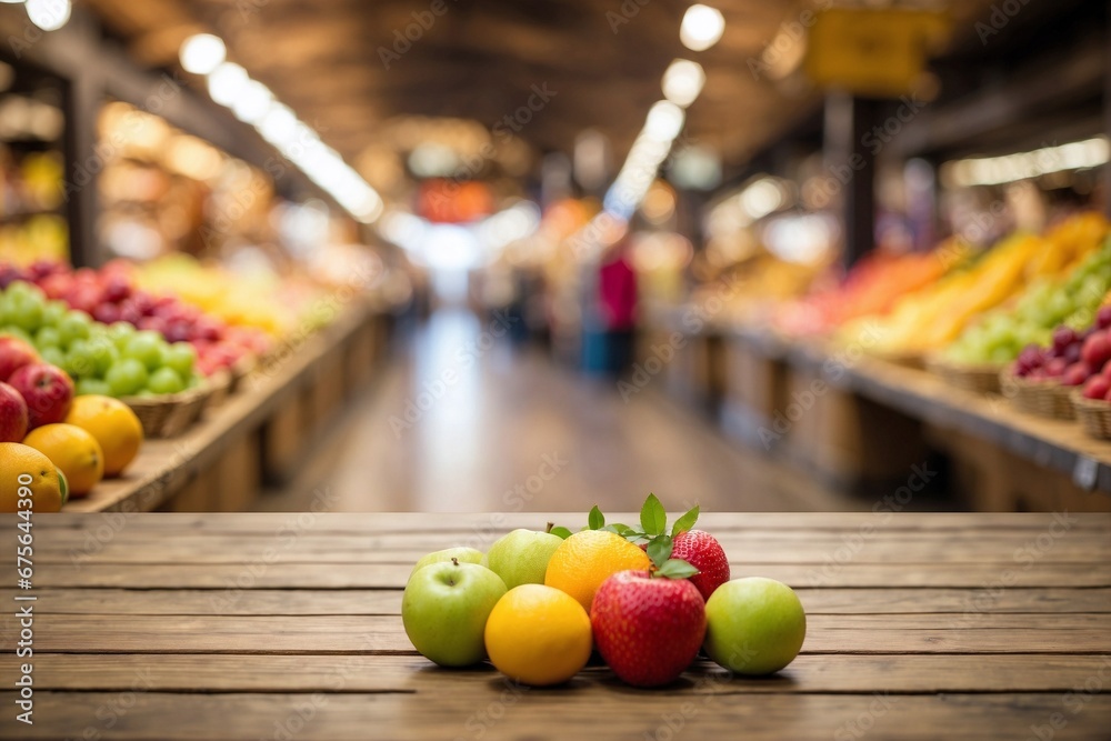 Wooden table and fruits above it. Blurred fruit market background